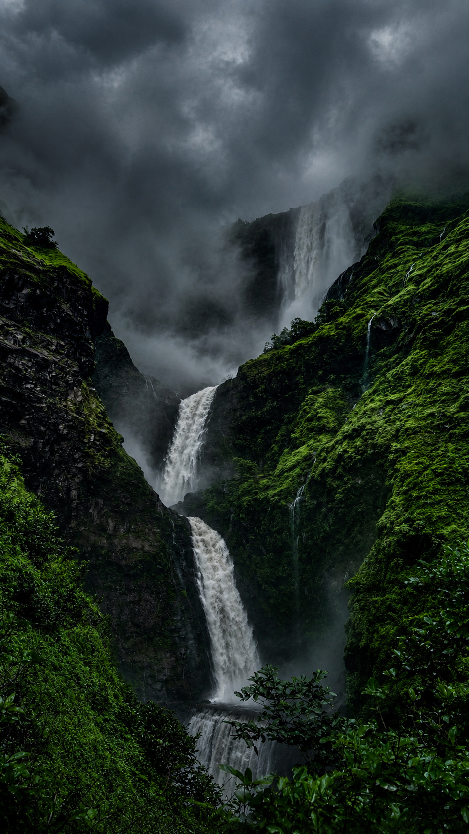 Fog rolling over the forested ridge near Kalu Waterfall