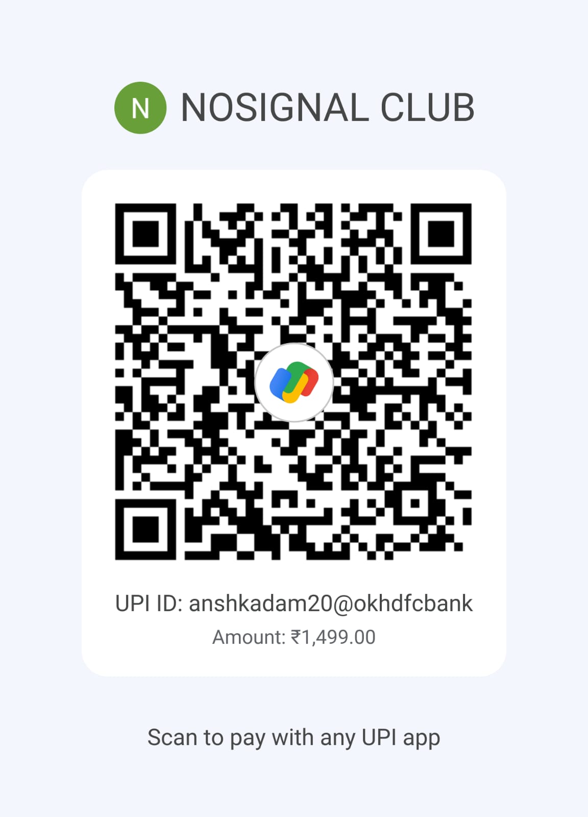 No Signal Club UPI payment QR code, UPI ID anshkadam20@okhdfcbank